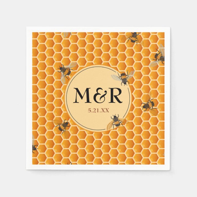 Bees n' Honeycomb Monogram Satin Gold Napkin (Front)