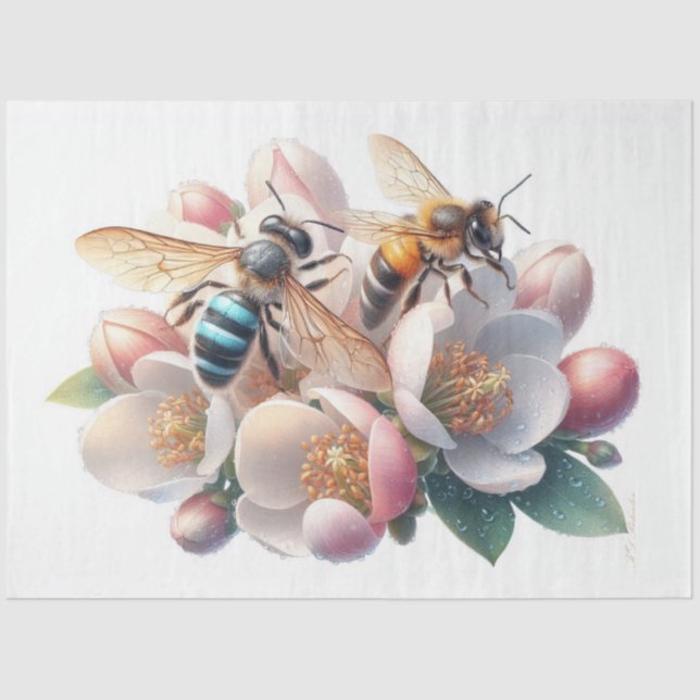 Bees on Apple Blossom Decoupage Tissue Paper (Front)