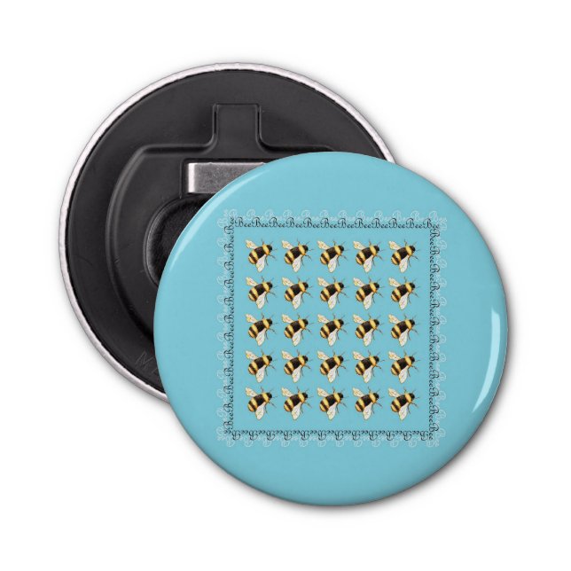 Bees on Blue Button Bottle Opener (Front)