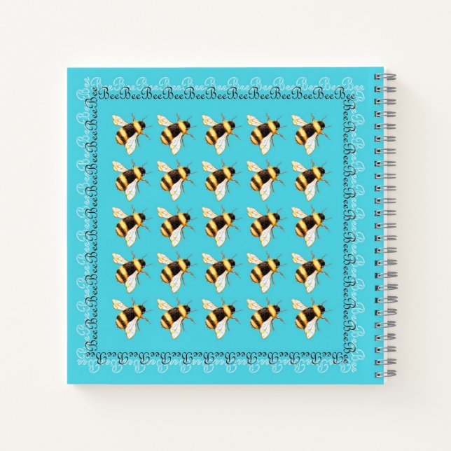 Bees on Blue Square Spiral Notebook (Back)