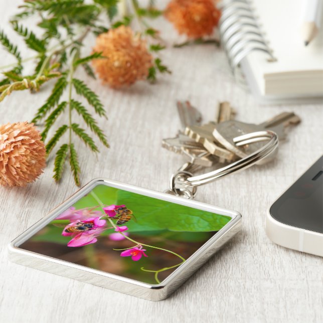 Bees On Coral Vine Flowers Keychain (Side)