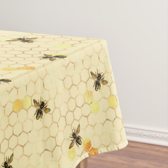 Bees on Honeycomb Pattern Gold Yellow Tablecloth (In Situ)