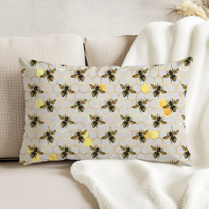 Bees on Honeycomb Pattern Yellow Gold Grey Accent Pillow