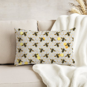 Bees on Honeycomb Pattern Yellow Gold Grey Accent Pillow