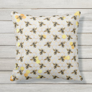 Bees on Honeycomb Pattern Yellow Gold Grey Outdoor Pillow