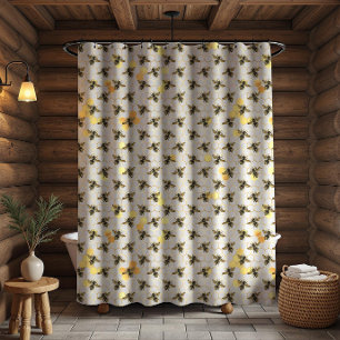 Bees on Honeycomb Pattern Yellow Gold Grey Rustic