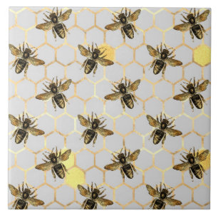 Bees on Honeycomb Pattern Yellow Gold Grey Tile