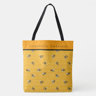 Bees on Honeycomb Top Band Personalize Tote Bag