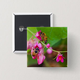 Bees On Pink Coral Vine Flowers Close-Up Photo 2 Inch Square Button