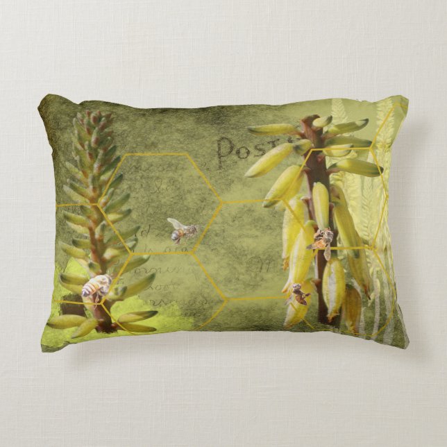Bees on Yucca Plant Mixed Media Accent Pillow (Front)