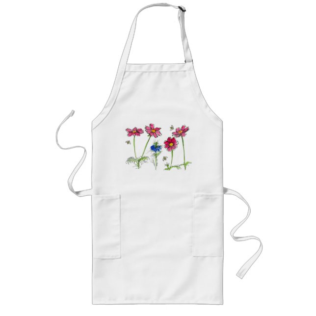 Bees Pink Cosmos Nigella Watercolor Flowers Long Apron (Front)