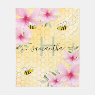 Bees pink florals yellow honeycomb monogram fleece blanket