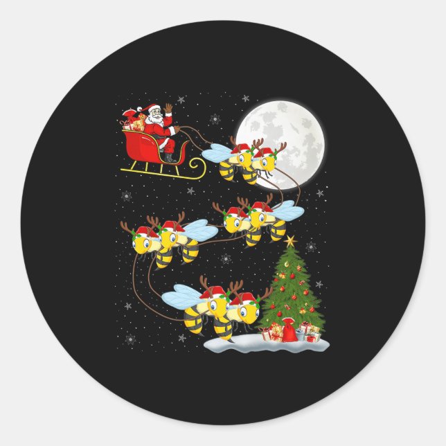 Bees Santa Sleigh Flying Funny Magical Christmas P Classic Round Sticker (Front)