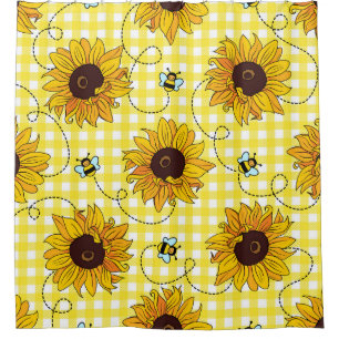 Bees, sunflowers, chequered, vintage pattern.