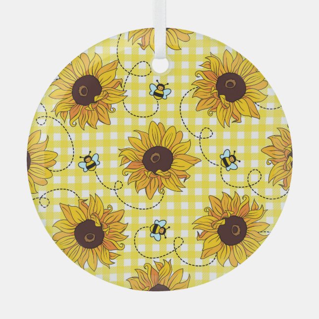 Bees, sunflowers, chequered, vintage pattern. glass ornament (Front)