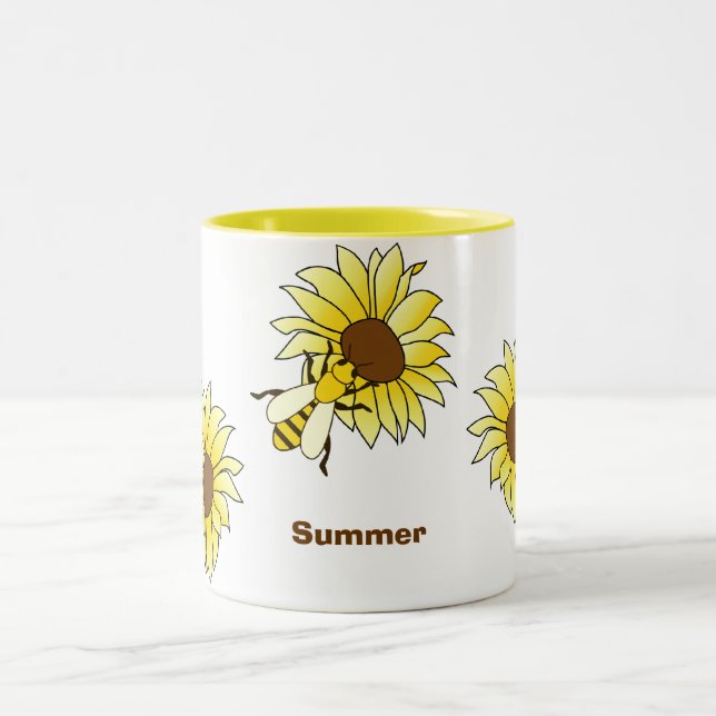 Bees & sunflowers spell Summer Two-Tone Coffee Mug (Center)