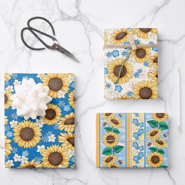 Bees Sunflowers Wrapping Paper Set of 3 (Front)