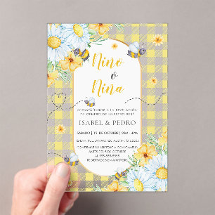 Bees & White Flowers Gingham Spanish Gender Reveal Acrylic Invitations