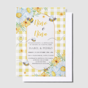 Bees & White Flowers Gingham Spanish Gender Reveal Vellum Invitations