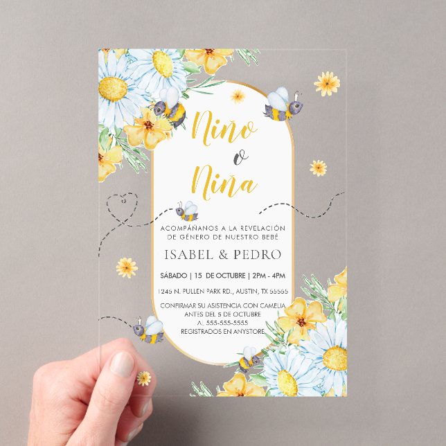 Bees & White Flowers Spanish Gender Reveal Acrylic Invitations (Insitu (Handheld))