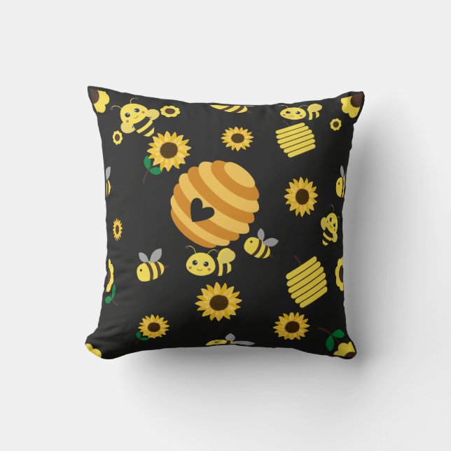 Bees with beehives and sunflower  throw pillow (Front)