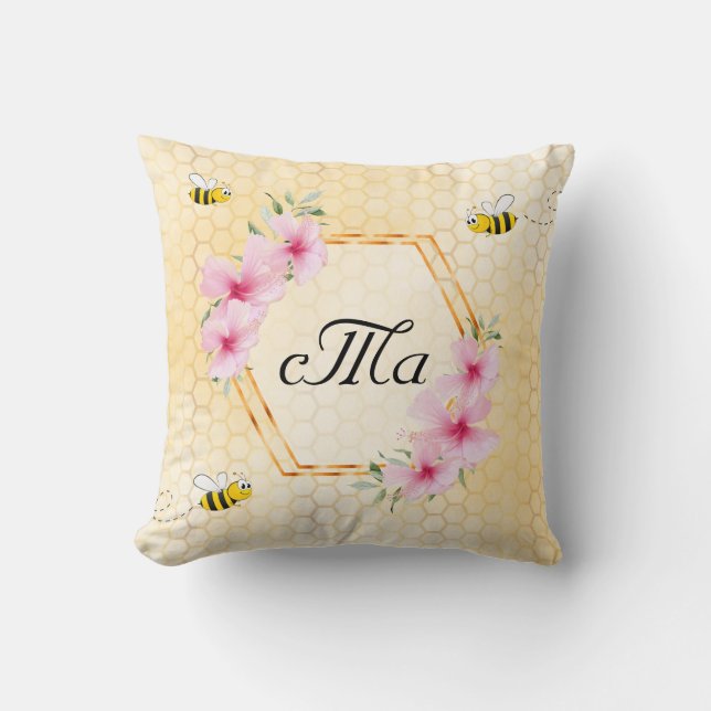 Bees yellow floral couple monogram throw pillow (Front)