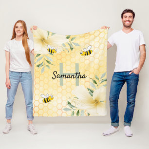 Bees yellow florals honeycomb monogrammed fleece blanket