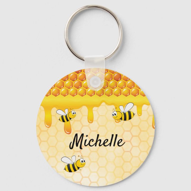 Bees yellow honeycomb cute name keychain (Front)