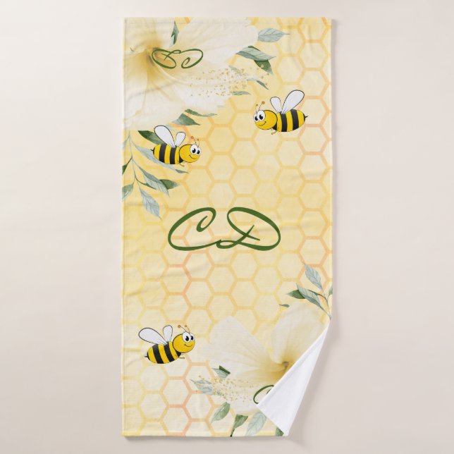 Bees yellow honeycomb floral monogram bath towel (Bath Towel)