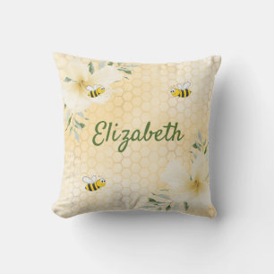 Bees yellow honeycomb florals name outdoor pillow