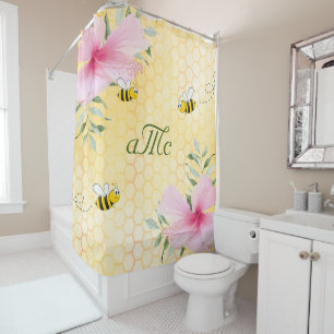 Bees yellow honeycomb pink floral monogram