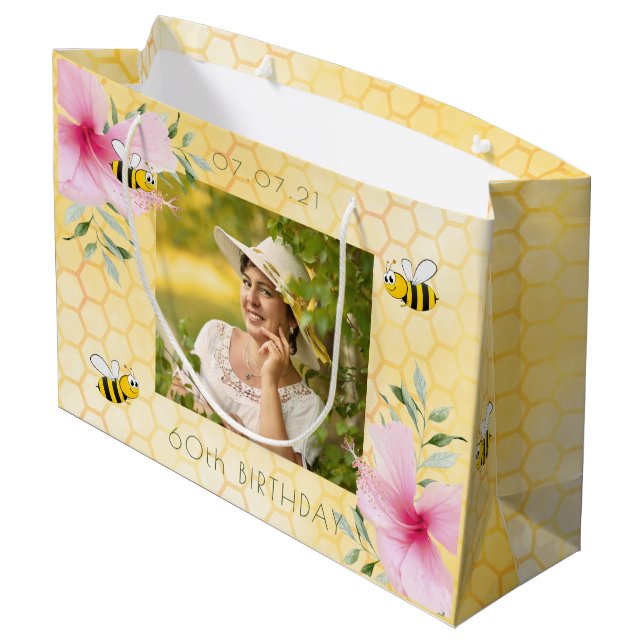 Bees yellow honeycomb pink florals 60th birthday large gift bag (Back Angled)