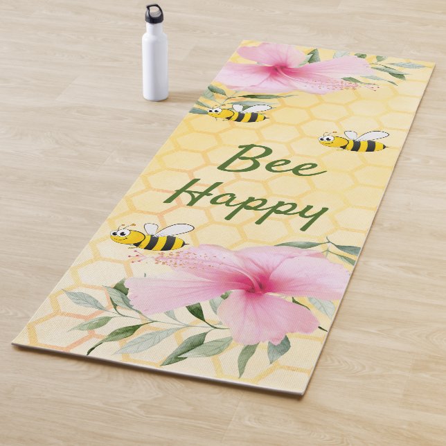 Bees yellow honeycomb pink florals cute yoga mat (In Situ)