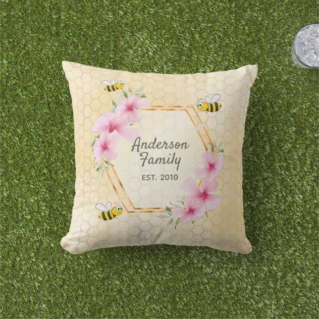 Bees yellow honeycomb pink flowers family name outdoor pillow (Grass)