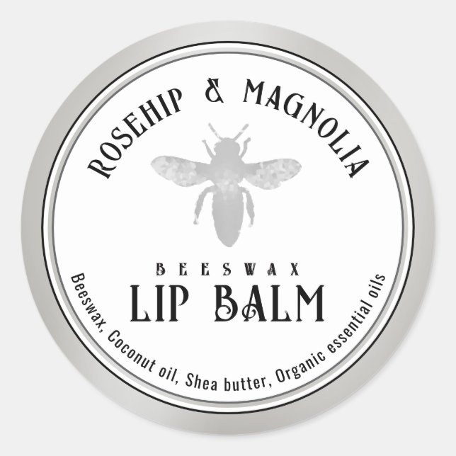 Beeswax Lip Balm Stylized Queen Bee Silver Border Classic Round Sticker (Front)