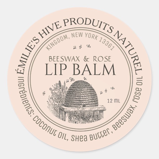 Beeswax lip balm tin mini label with skep and bees (Front)
