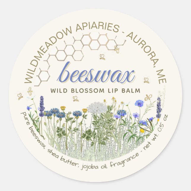 Beeswax Lip Balm with Meadow Flowers & Bees Classi Classic Round Sticker (Front)