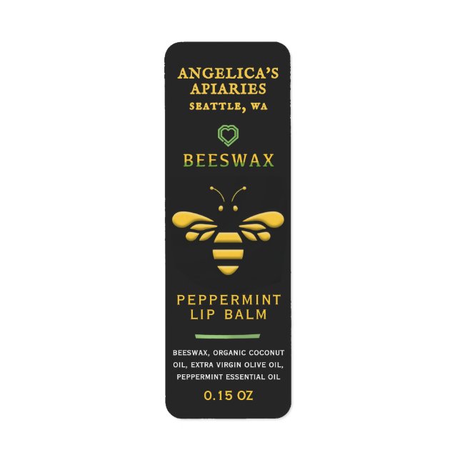 Beeswax Peppermint Lip Balm Label with Bee Heart (Front)