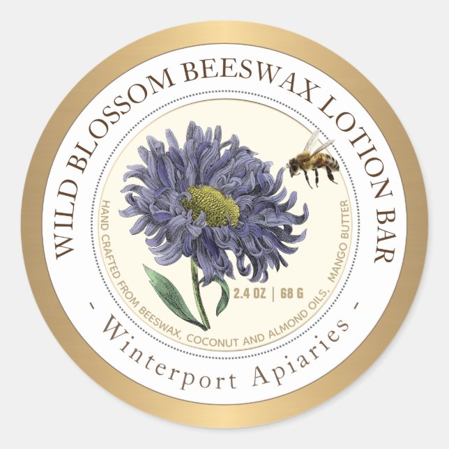 Beeswax Product Label with Bee Flower Gold (Front)