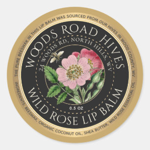 Beeswax Wild Rose Honeybee Lip Balm Gold Rim  Classic Round Sticker