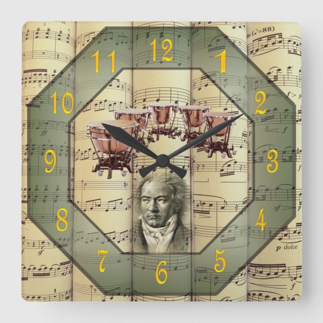 Beethoven ~ Symphony Orchestra ~ Timpani ~  Square Wall Clock (Front)