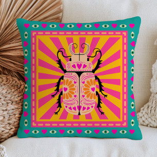 Beetle Insect with Heart Pattern Retro Maximalist Throw Pillow