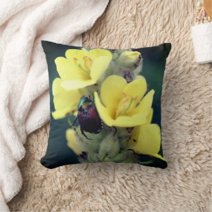 Beetle On Wild Mullein Flower Close Up  Throw Pillow