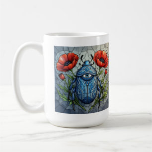 Beetle stained glass design vibrant poppy flower coffee mug