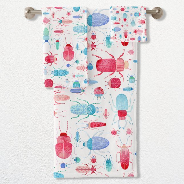 Beetle Watercolor Bath Towel Set (Watercolor bugs and beetles nature art bath towel, hand towel, wash cloth towel set)
