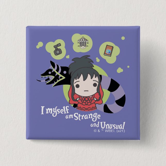 Beetlejuice | Chibi Lydia "Strange and Unusual" 2 Inch Square Button (Front)