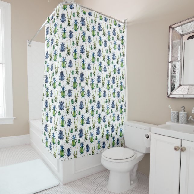 Beetles Blue Green Shower Curtain Kids Bathroom (In Situ)