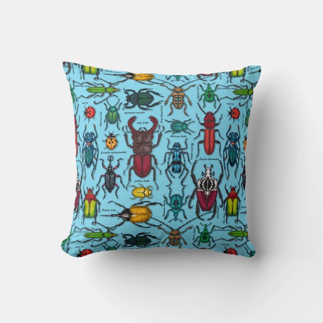 Beetles on blue throw pillow (Front)