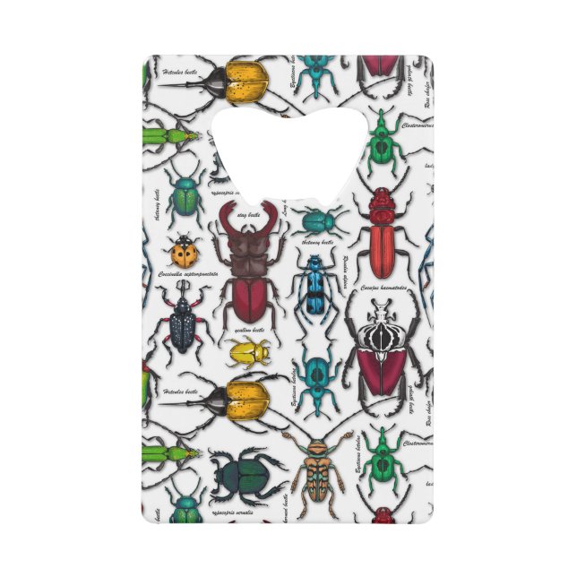 Beetles on white credit card bottle opener (Front)