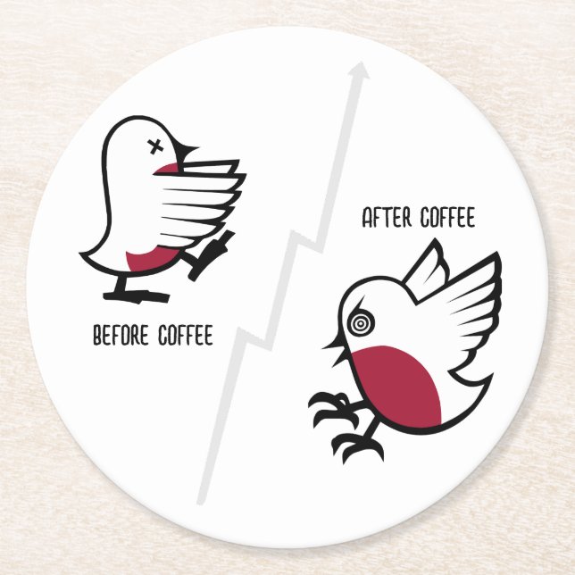 Before & After Coffee Zombie to Frenzy Funny Robin Round Paper Coaster (Front)